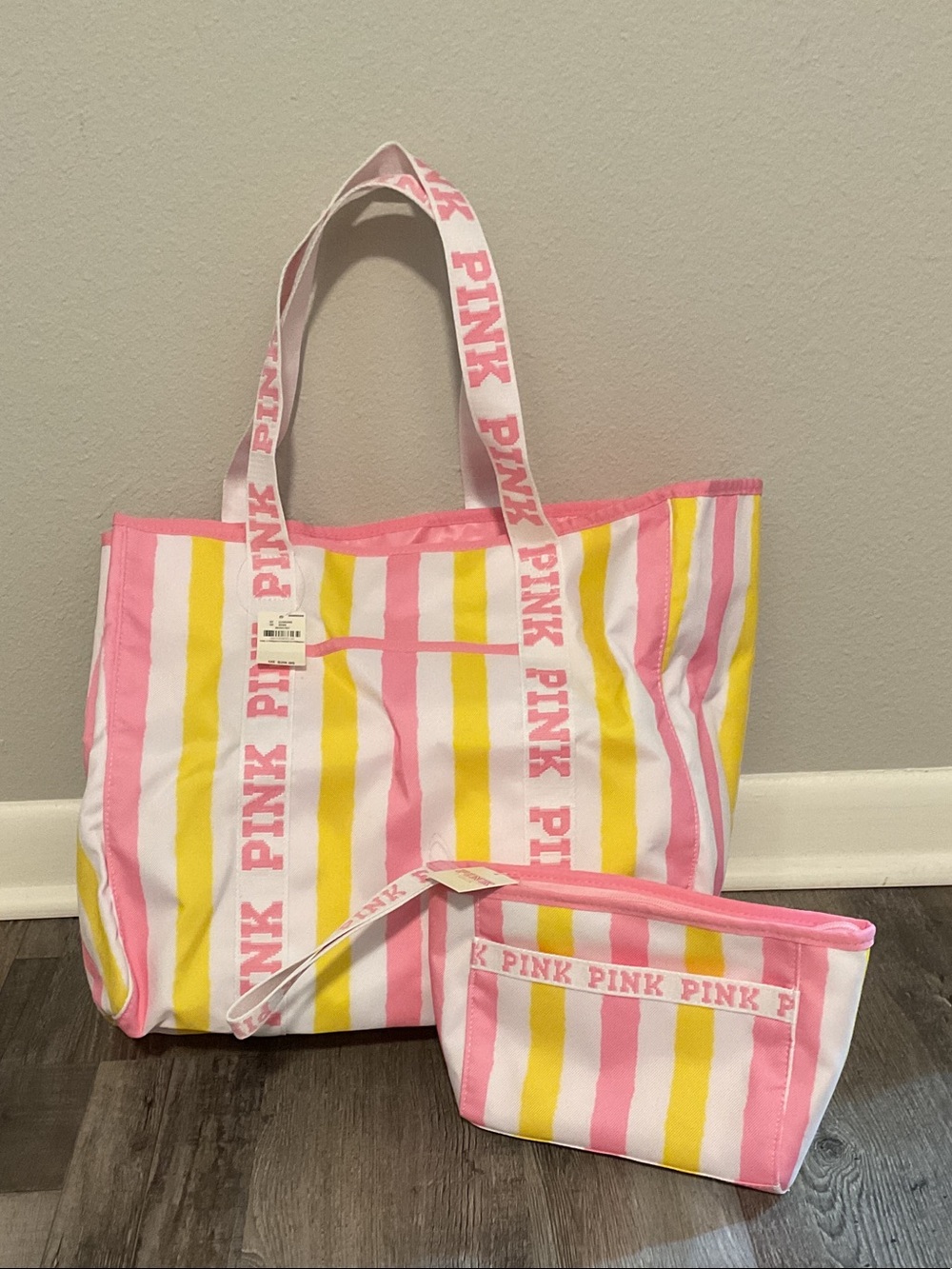 PINK Victoria's Secret Pink, Yellow & White Striped Tote with Matching Pouch